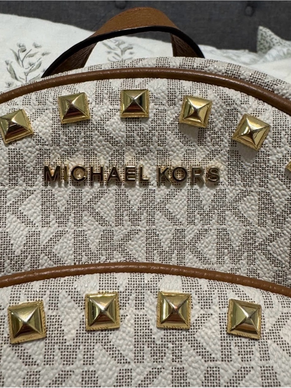 Michael Kors Beige MK Logo Backpack with Gold Studs - Picture 2 of 8